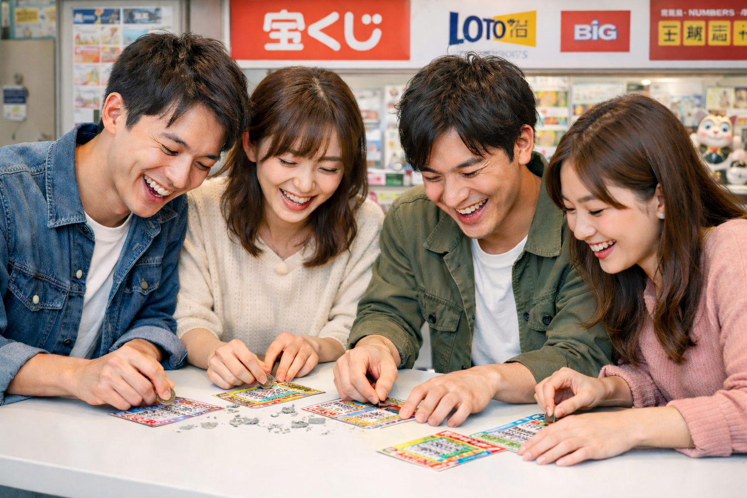 スクラッチくじを削る若者たち